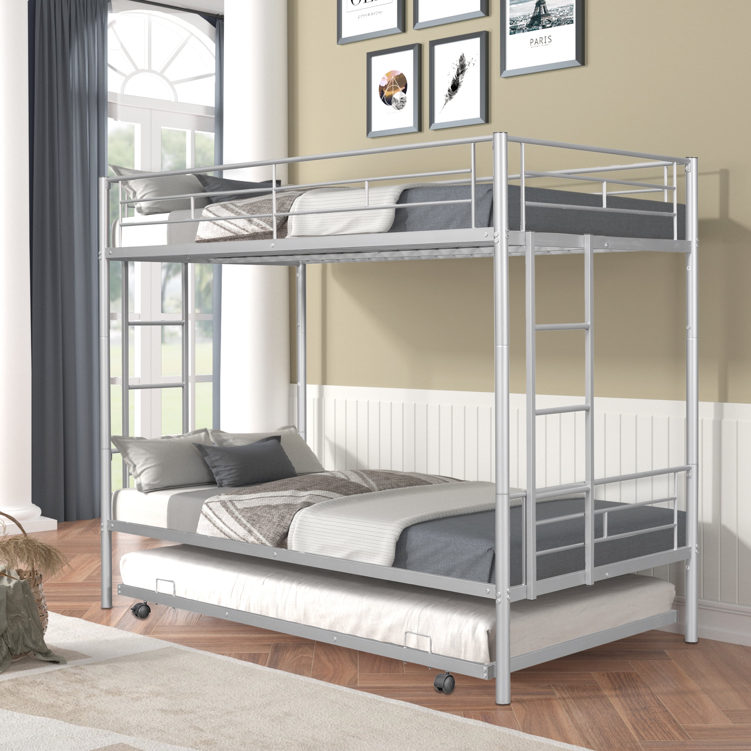 BTMWAY Twin Over Twin Metal Bunk Bed with Trundle, Triple Metal Bunk