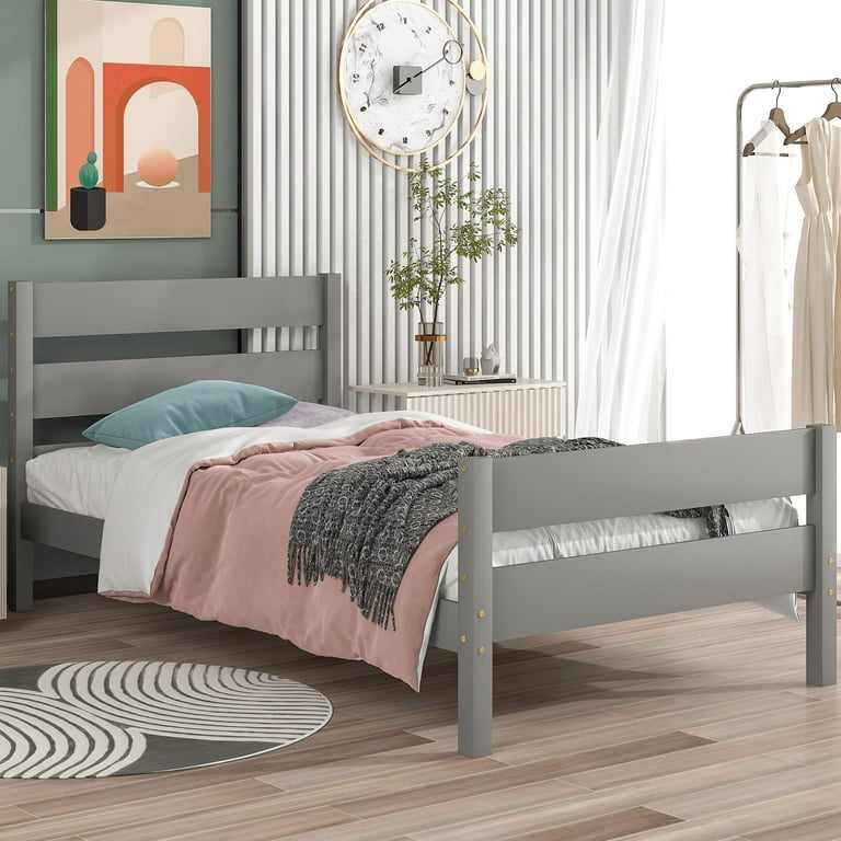 BTMWAY Twin Size Bed Frame Modern Wood Platform Bed with Headboard and Footboard Strong Wooden Slats Support Heavy Duty Single Bed Frame No Box