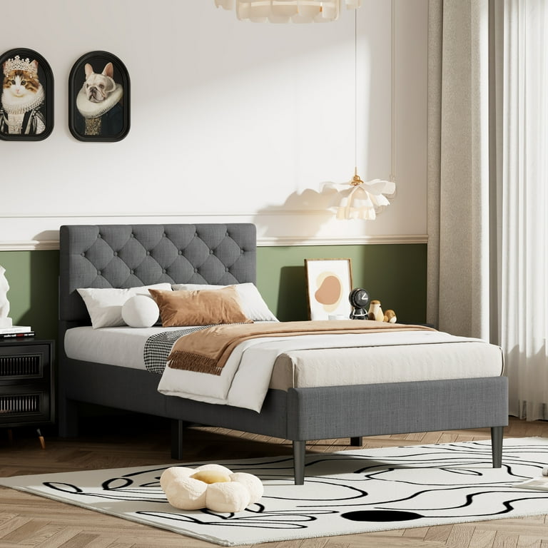 BTMWAY Twin Size Bed Frame New Upgraded Linen Fabric Upholstered Platform Bed with Button Tufted Headboard No Box Spring Needed Twin Bed for Kids