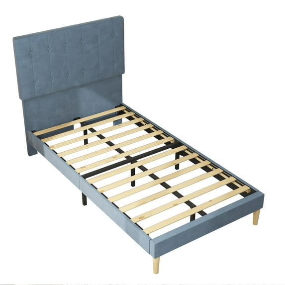BTMWAY Twin Size Upholstered Platform Bed with Headboard, Twin Bed Frame for Kids, No Box Spring Needed, Blue