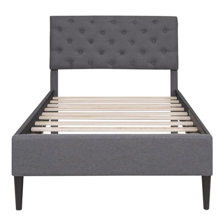 BTMWAY Twin Size Upholstered Platform Bed with Headboard and Wooden Slats, Bedroom Twin Bed Frame No Box Spring Needed, Single Bed Frame, Gray