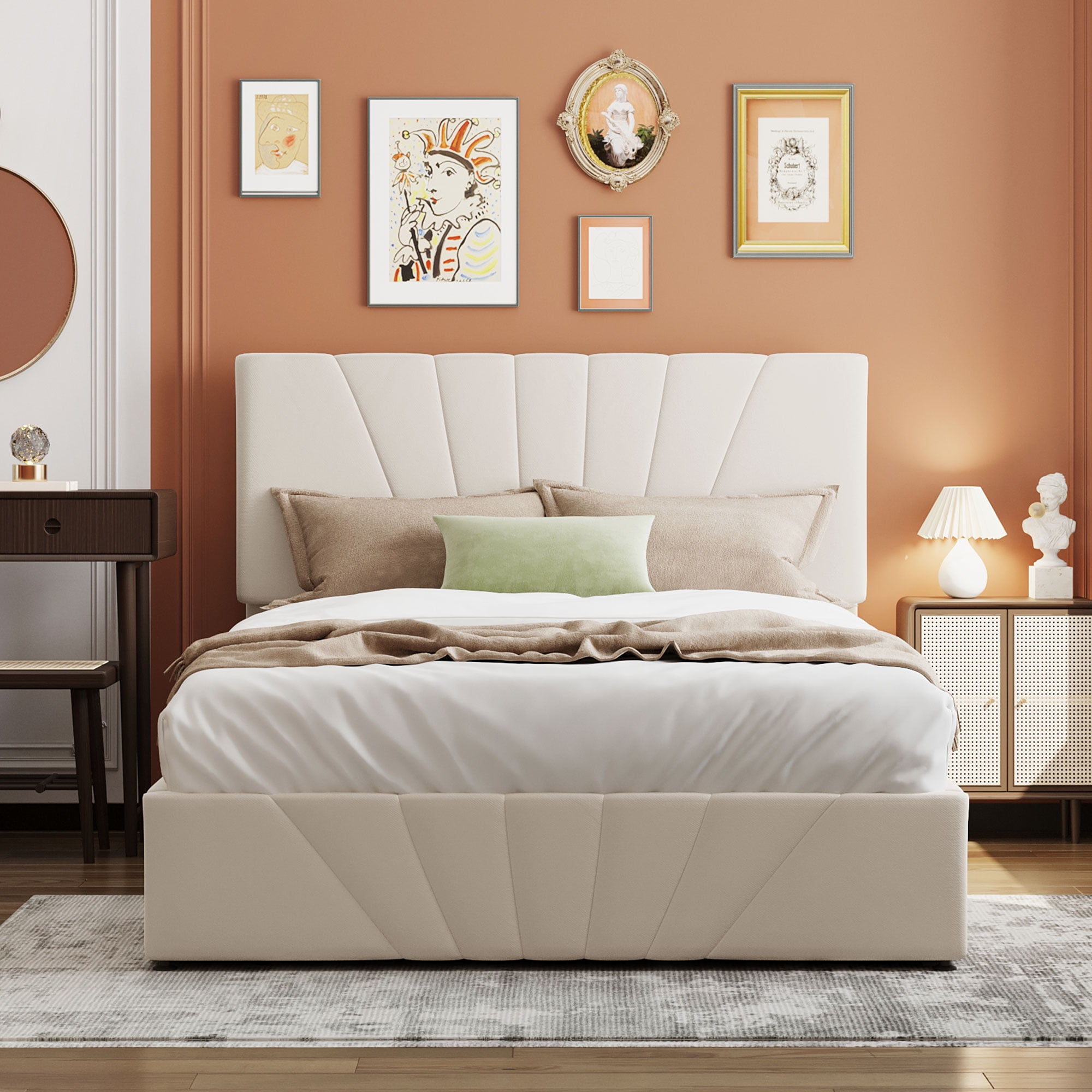BTMWAY Upholstered Platform Bed Frame Full Size Platform Bed with Headboard and Gas Lift Up Storage Space Saving Full Bed Frame Underneath w
