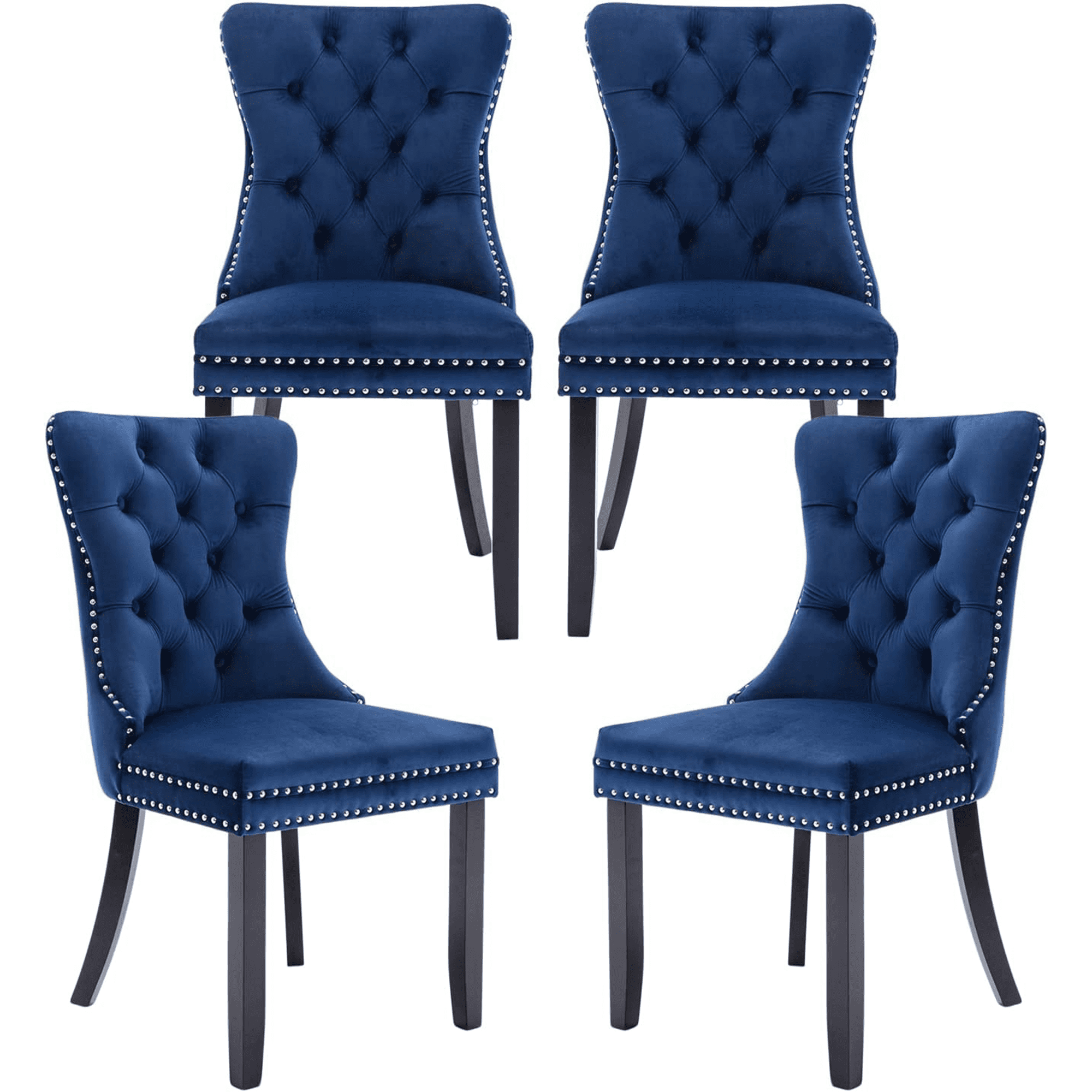 Set of 4 Blue Velvet Tufted Dining Chairs with Nailhead Trim
