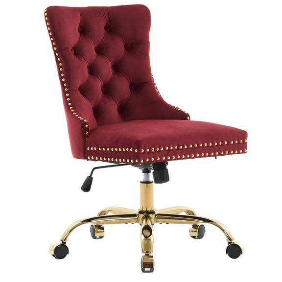 PAPROOS Vanity Chair, Swivel Home Office Chair, Ergonomic Home Desk Chair with Golden Metal Base, Adjustable Height, Velvet Upholstered Tufted Button Task Chair, Wine Red