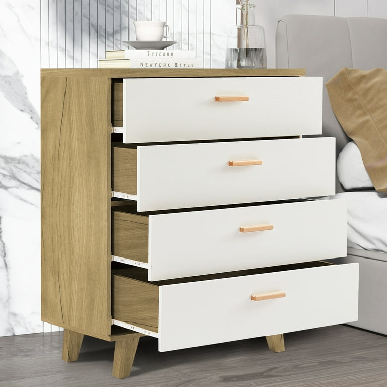 BTMWAY White Chest of Drawers, 4 Drawers Solid Wood Dresser Organizer  Cabinet, Modern Bar Cabinet Storage Cabinet for Living Room Bedroom Dining  Room