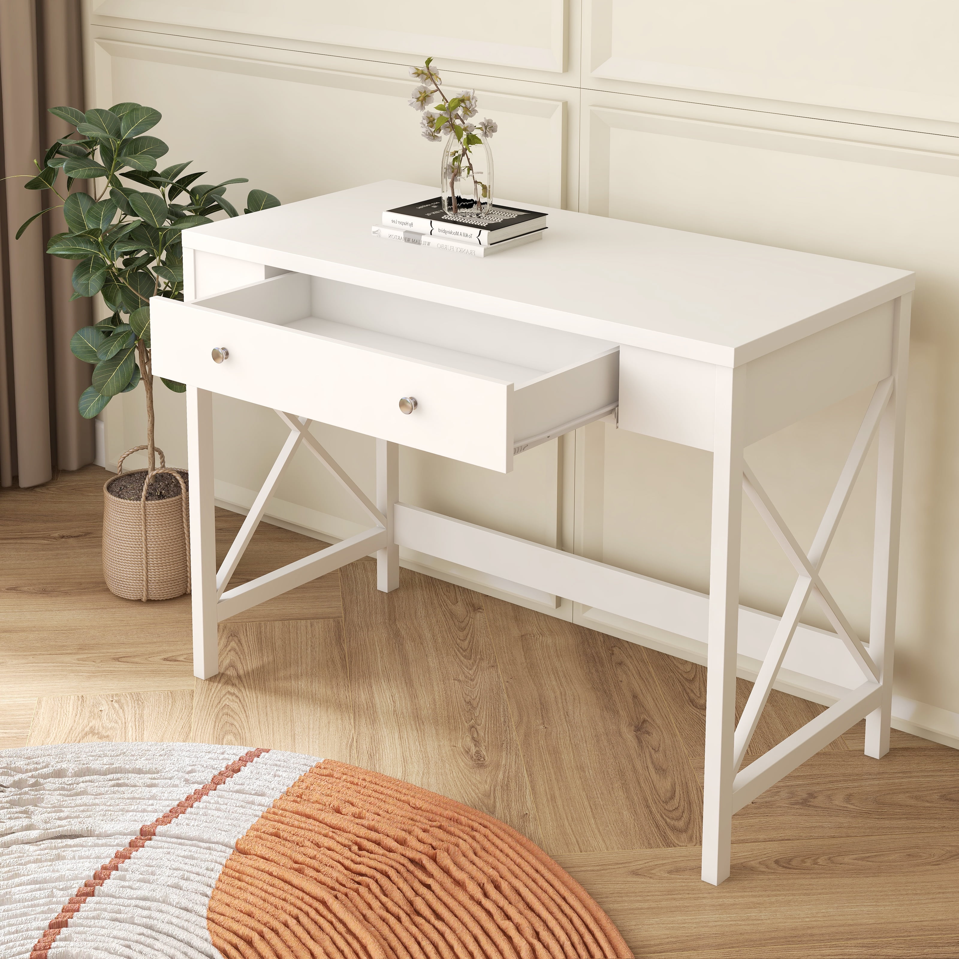 BTMWAY White Desk with Drawers, Modern Home Office Desk Small Writing Desk,  Bedroom Vanity Desk X Design Dressing Table, Wood Makeup Desk Accent Table