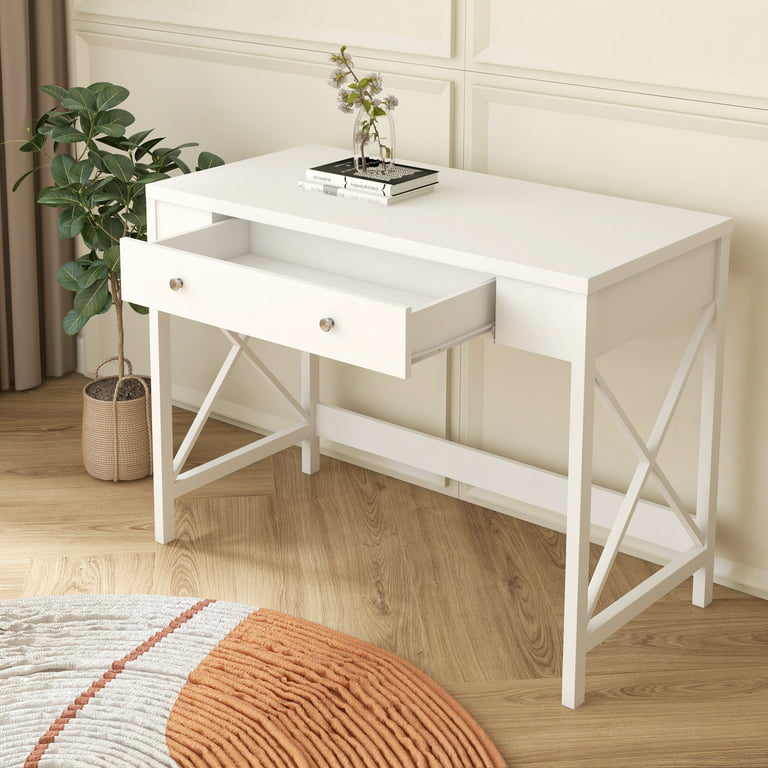 BTMWAY White Desk with Drawers, Modern Home Office Desk Small Writing Desk,  Bedroom Vanity Desk X Design Dressing Table, Wood Makeup Desk Accent Table  for Living Room Hallway, 39.3''x18.9''x30.82'' 