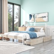 BTMWAY White Queen Bed Frame with Headboard, Modern Metal Queen Platform Bed Frame for Kids Adults with Drawers, Sockets and USB Ports, Heavy Duty Queen Size Bed Frame No Box Spring Needed for Bedroom