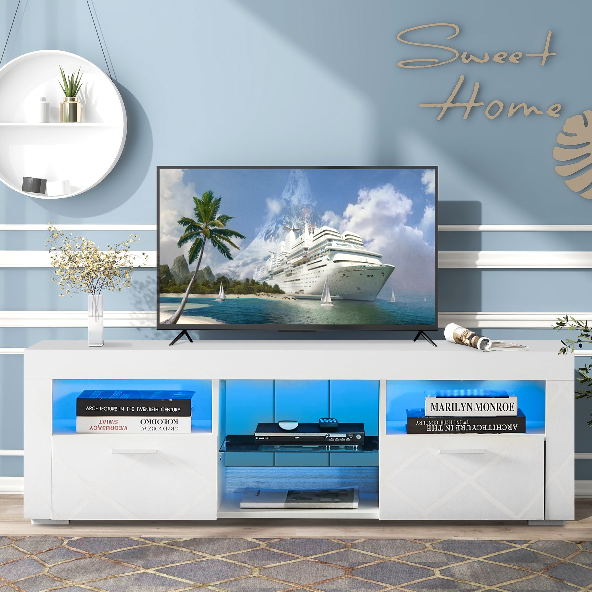 BTMWAY White TV Stand for 55 Inch TV, Modern High Glossy TV