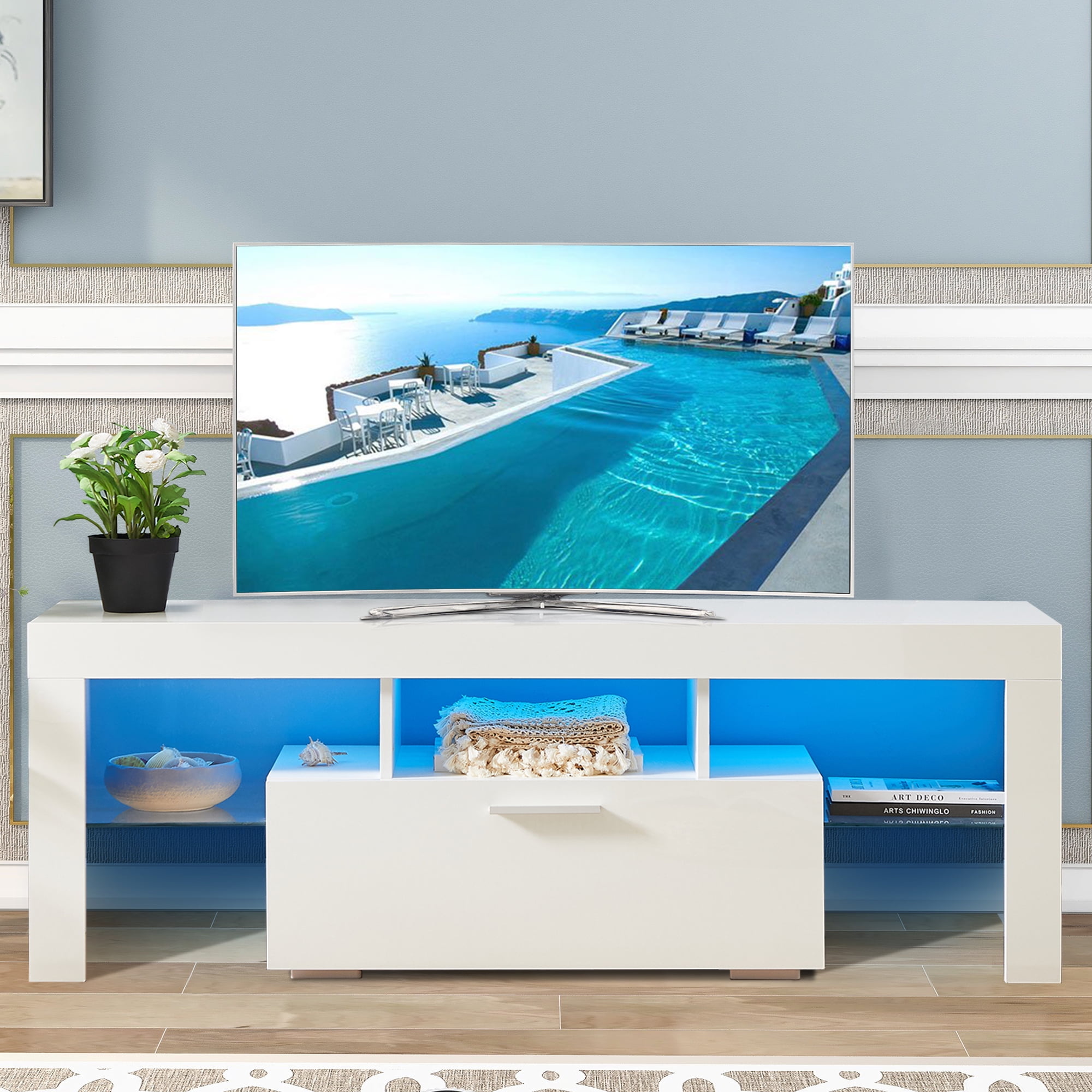 BTMWAY White TV Stand for 55 Inch TV, Modern High Glossy TV
