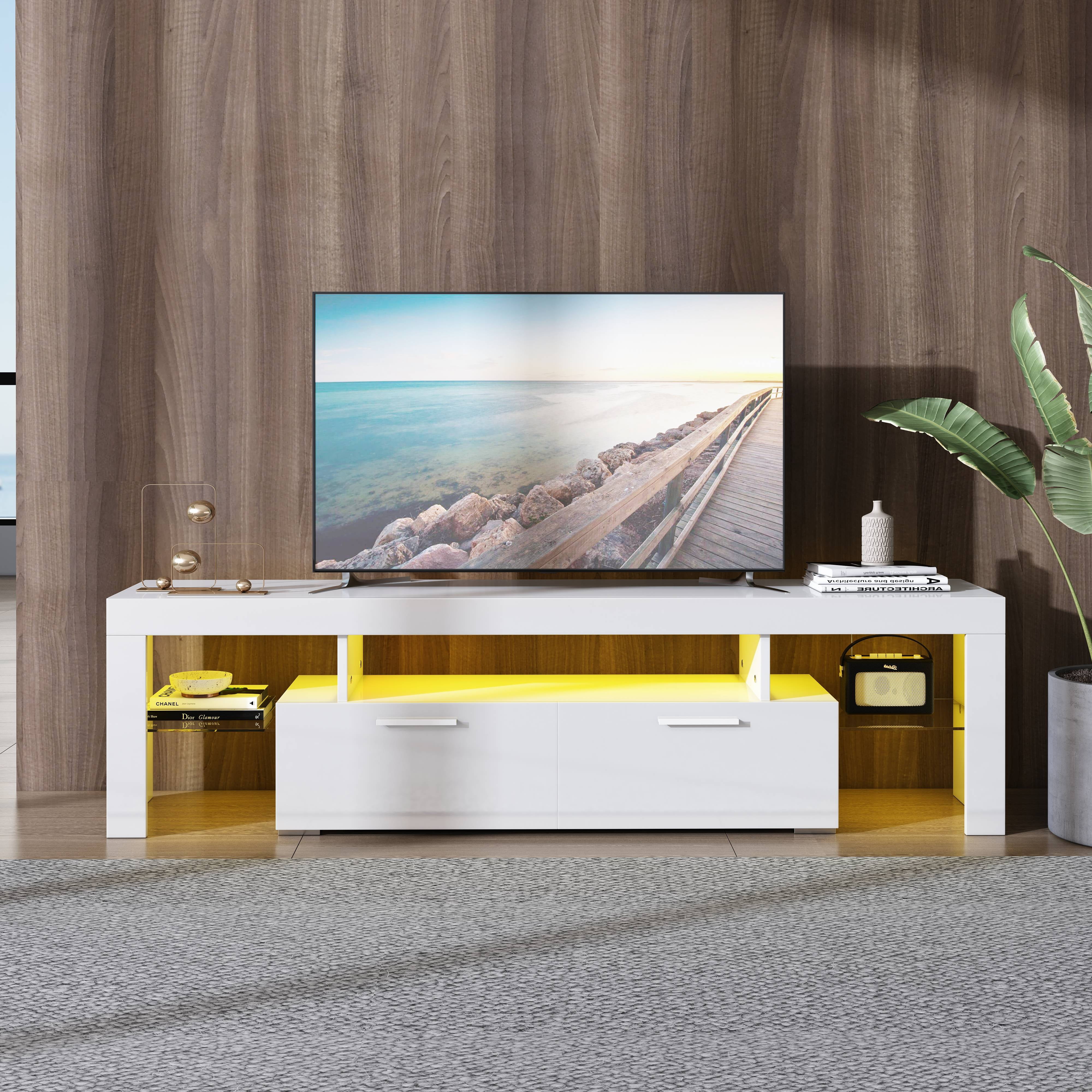 BTMWAY White TV Stand for 80 Inch TV, Modern High Glossy TV Cabinet with  Remote Control and 16 Colors LED Light, Living Room TV Console Table with