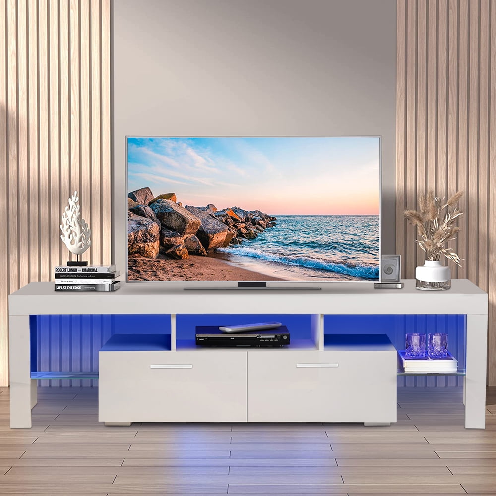 BTMWAY White TV Stand with LED Lights, New Generation Quick Assemble TV