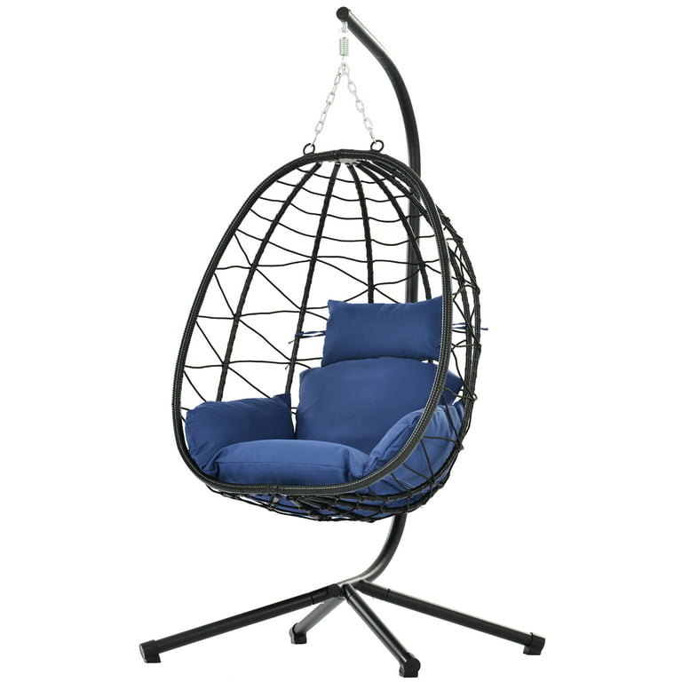 2pcs Wicker Egg Chair, Btmway Indoor Outdoor Swing Chair with Stand and Removable Cushion, All-Weather Rattan Hanging Basket Chair Hammock Chair for