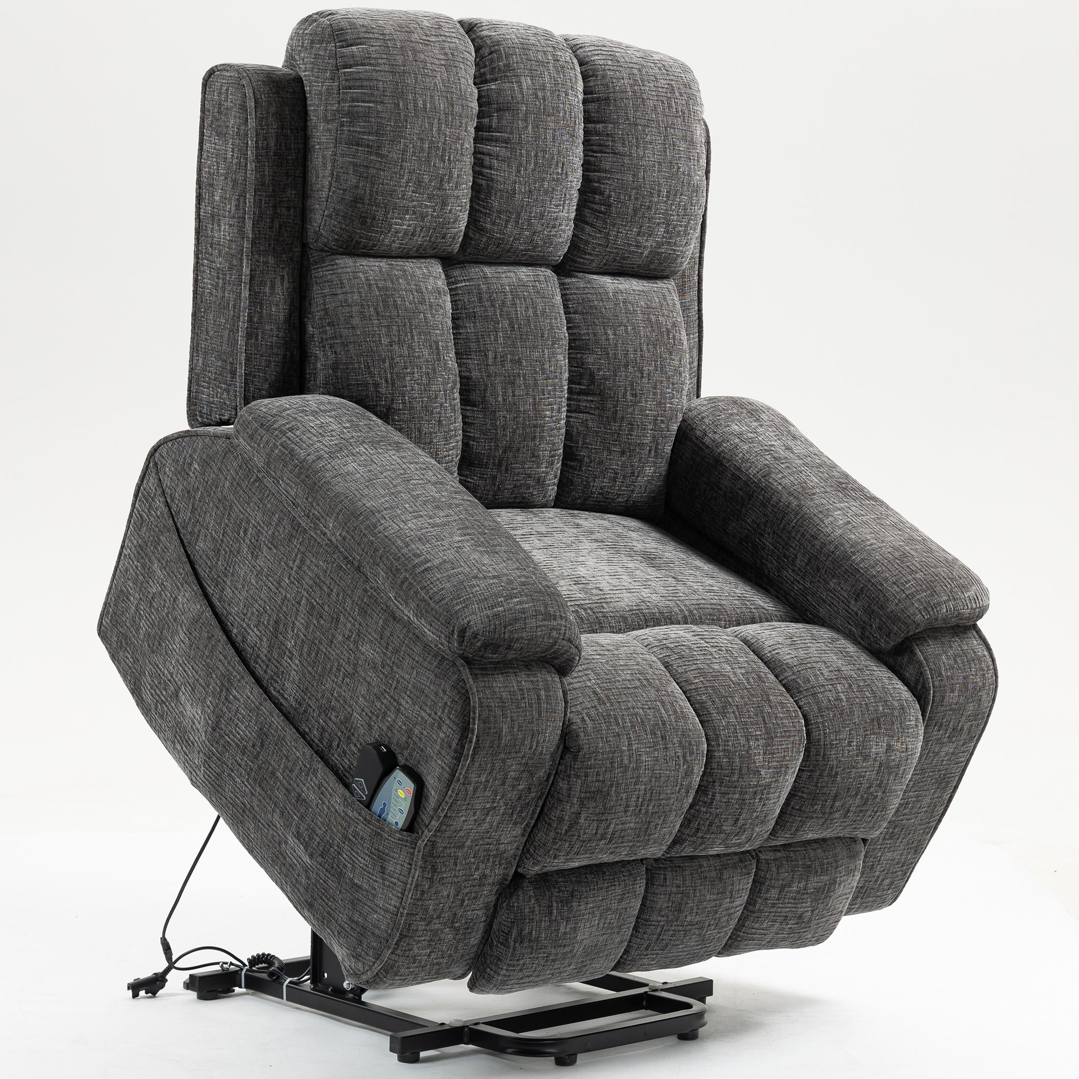 LEGAHOME Oversized Lift Recliner Chair with Heat & Massage, Fabric Lay Flat Recliner with Extended Footrest, Side Pockets, Cup Holders, USB Charging, Electric Power Sofa for Adults Seniors, Gray