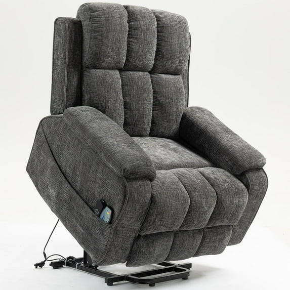 LEGAHOME Oversized Lift Recliner Chair with Heat & Massage, Fabric Lay Flat Recliner with Extended Footrest, Side Pockets, Cup Holders, USB Charging, Electric Power Sofa for Adults Seniors, Gray
