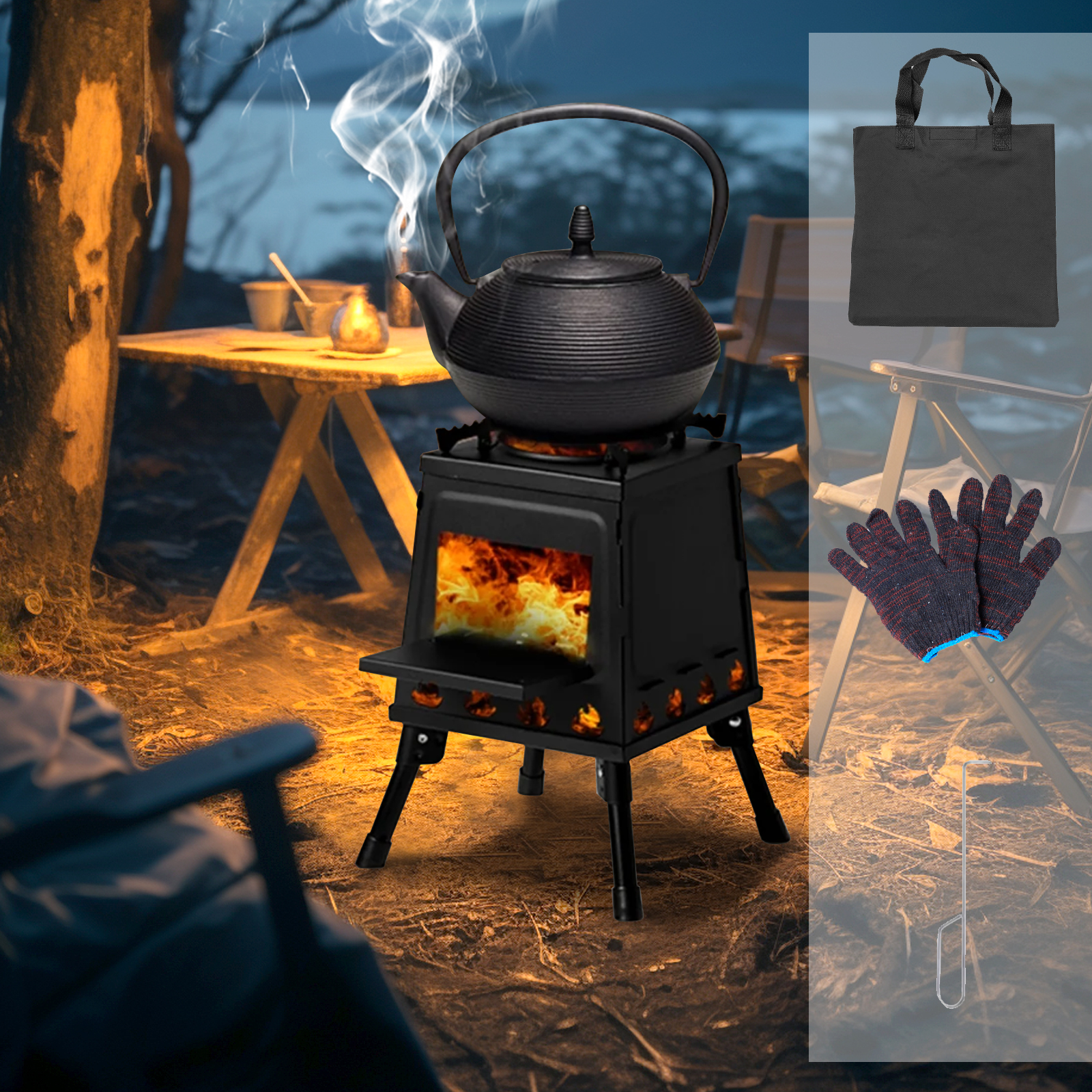BTMWAY Wood Burning Camp Stove, Portable Cast Iron Camping Wood Stove, Black Woodstove with Carrying Case for Backpacking Outdoor Cooking, Small