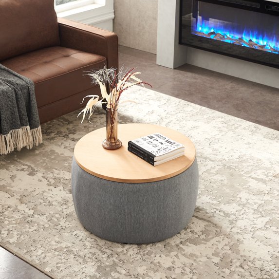 BTMWAYRound Coffee Table, 2 in 1 Round Storage Ottoman with Reversible Lid Tray, Upholstered Round Storage Ottoman Coffee Table with Storage, Footstool End Table for Living Room, Bedroom, Dark Grey