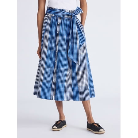 Free Assembly Women's and Women's Plus Cotton Button Front Midi Skirt with Paperbag Waist, Sizes XS-4X