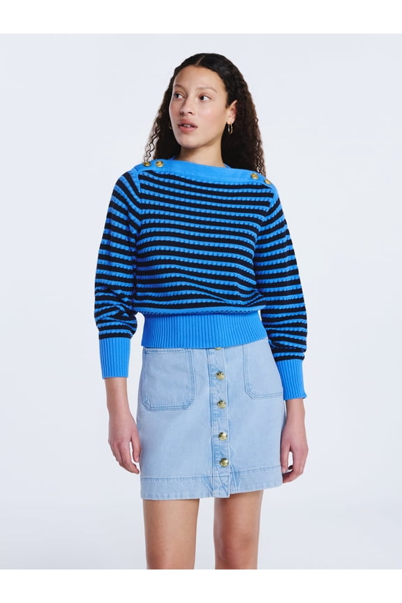 Women's Button Shoulder Sweater with Long Sleeves, Sizes XS-XXL