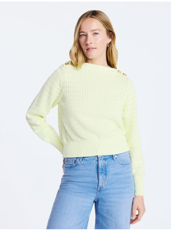 Women's Button Shoulder Sweater with Long Sleeves, Sizes XS-XXL
