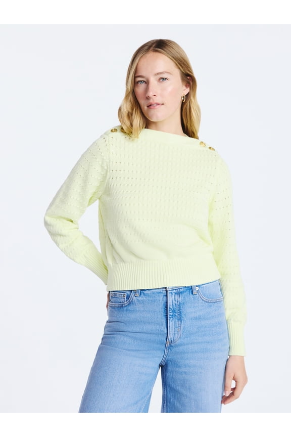 Women's Button Shoulder Sweater with Long Sleeves, Sizes XS-XXL