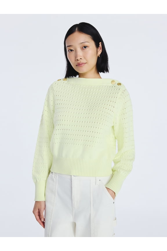 Women's Button Shoulder Sweater with Long Sleeves, Sizes XS-XXL