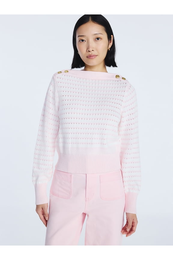 Women's Button Shoulder Sweater with Long Sleeves, Sizes XS-XXL