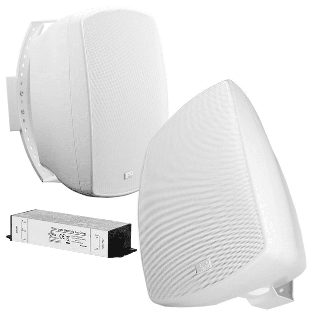 BTP650 Wireless 6.5" Bluetooth 2-Way Outdoor Patio Speaker Pair Composite Resin Low Resonator Cabinet IP67 Waterproof Power Supply (White)