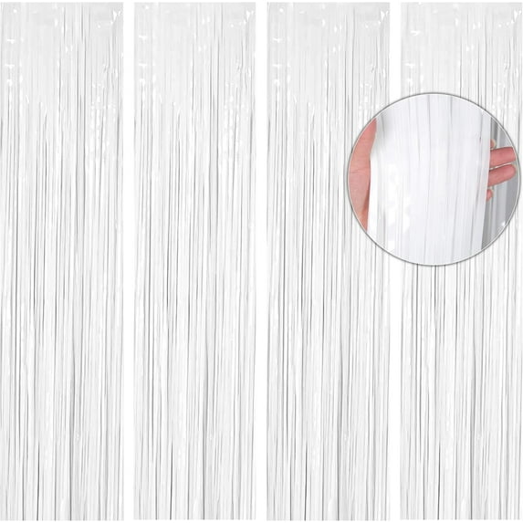 BTSD-home 4 Pack White Foil Fringe Curtain Metallic Photo Booth Backdrop Tinsel Curtains for Wedding Birthday Bridal Shower Bachelorette Party Decorations(3ft x 8ft)