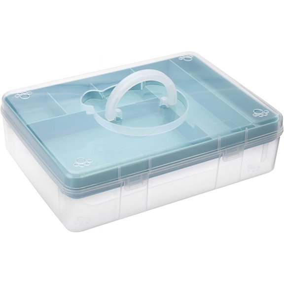 BTSKY 2-Tier Cute Bear Storage Box with Removable Divided Tray Portable Clear Plastic Art Craft Supply Organizer Stackable Home Office Supplies Storage Container for Pens Notes A4 papers etc (Blue)