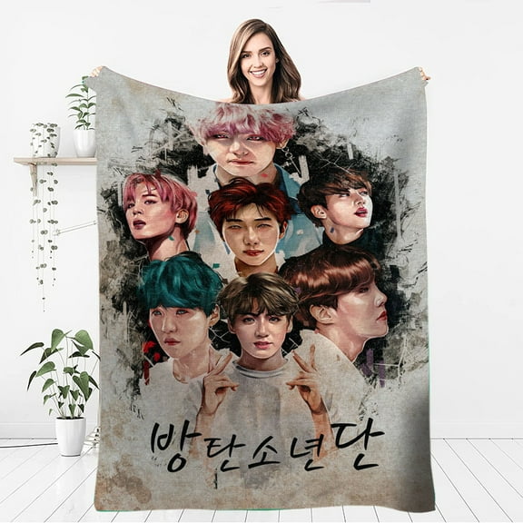BTSS Blanket Gifts - 60" x 50" Inches Cartoon Bangtan Flannel Throw Blanket for Boys Girls- Soft Furry Blankets Gift for Sofa