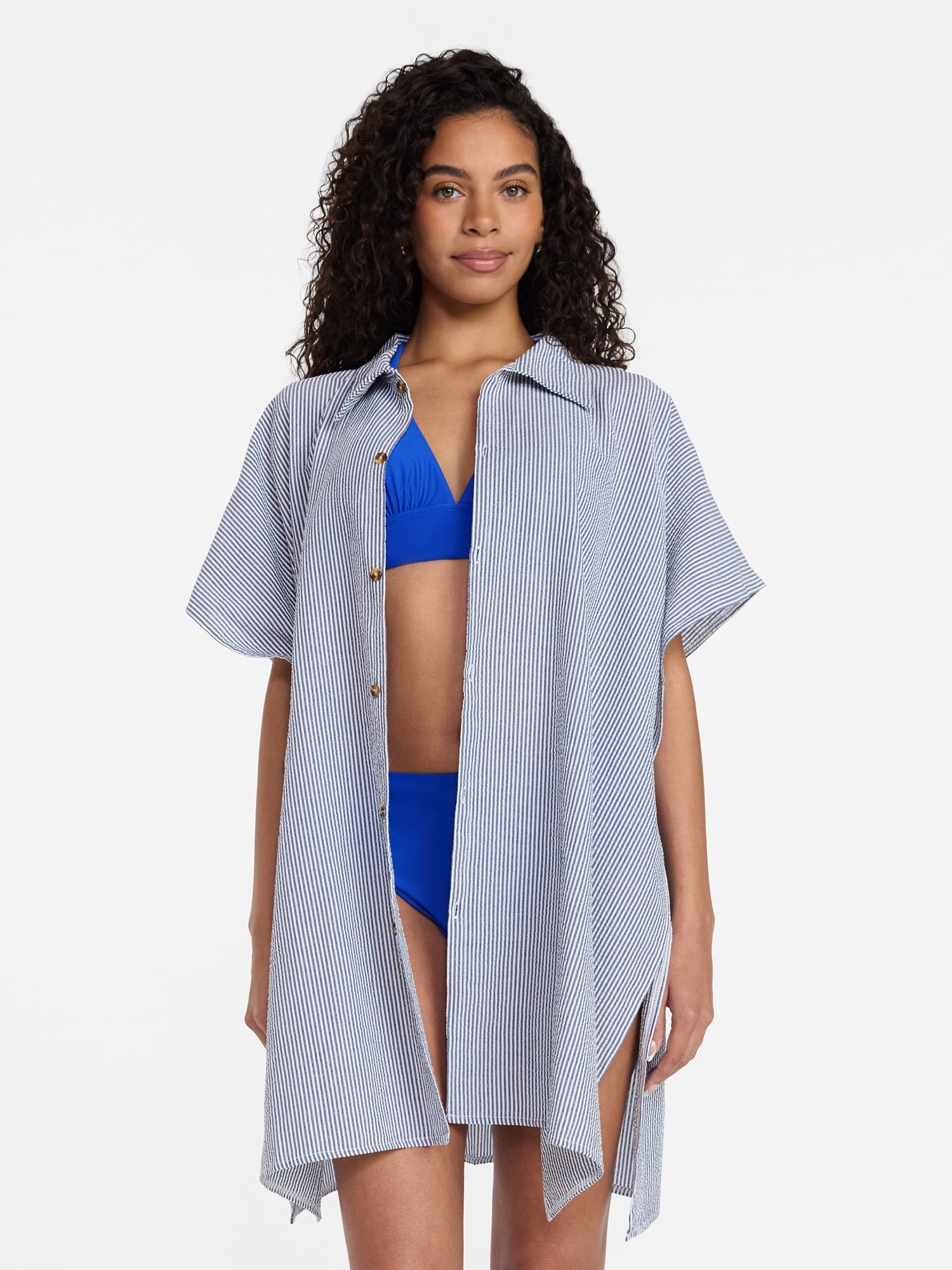 Time and Tru Women's Button Down Coverup, Sizes S/M, Blue/White