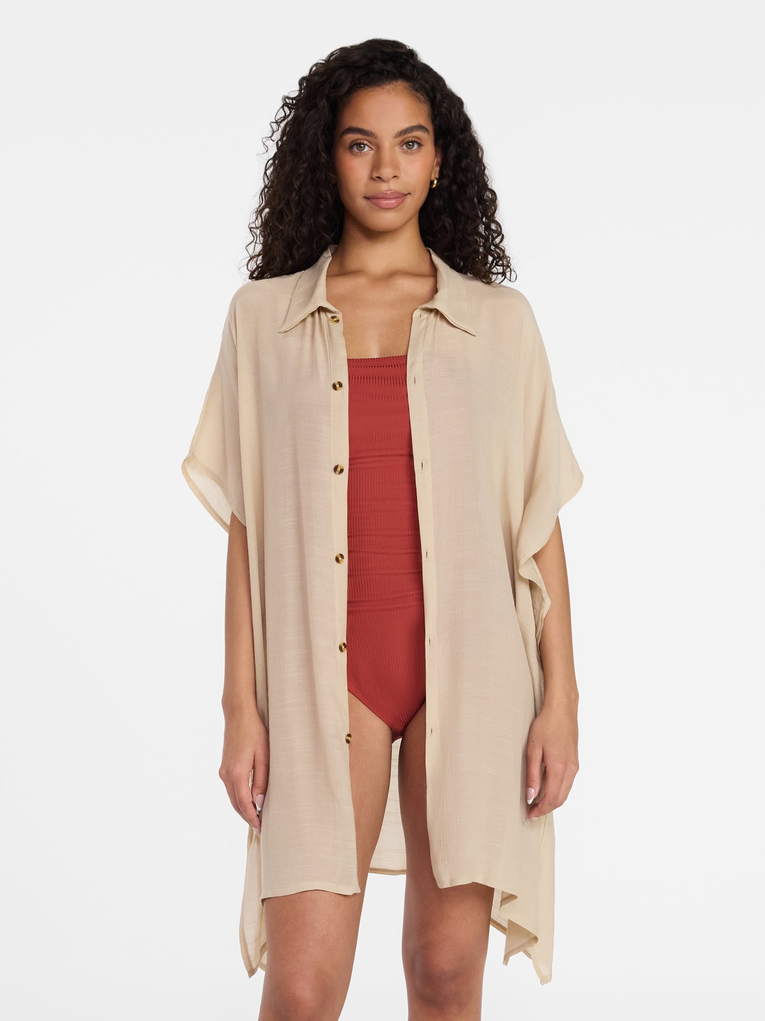 Women's Button Down Cover-Up Light Tan, Sizes L/XL