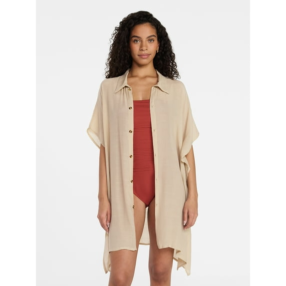Time and Tru Women's Button Down Coverup, Sizes XXL/XXXL, Lightt Tan