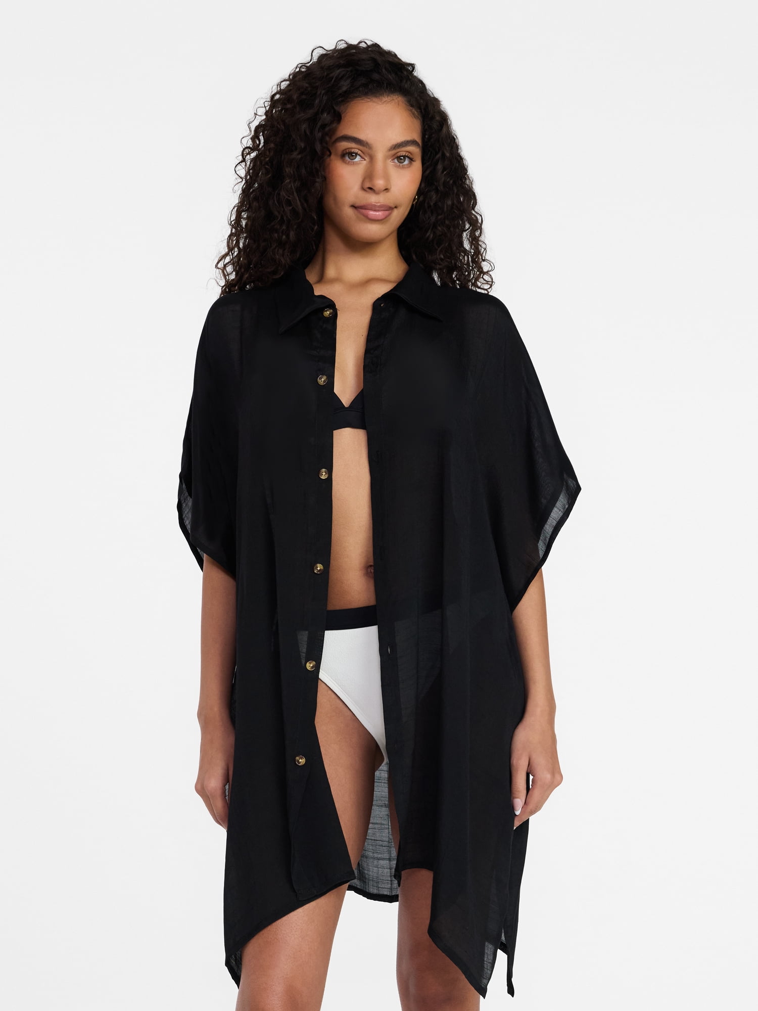 Time and Tru Women's Button Down Cover-Up, Black Soot, Sizes L/XL