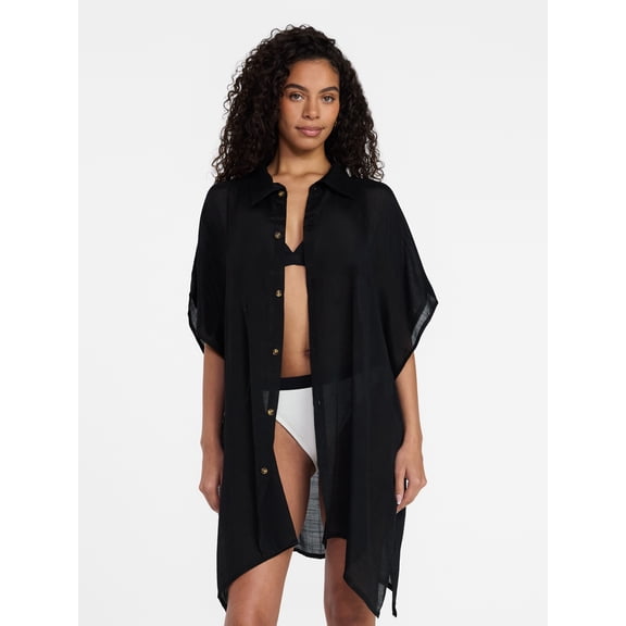 Time and Tru Women's Button Down Cover-Up, Black Soot, Sizes L/XL