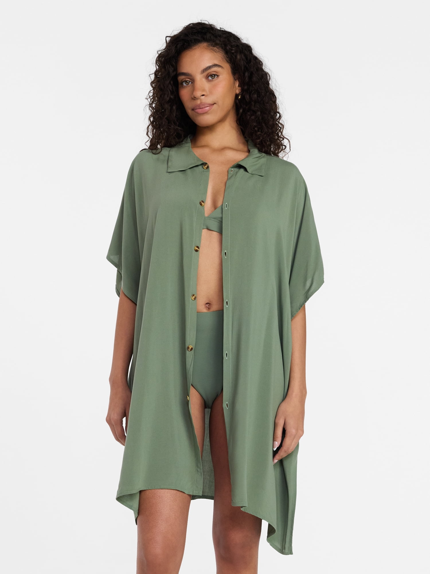 Time and Tru Women's Button Down Cover-Up, Green, Sizes L/XL - Walmart.com