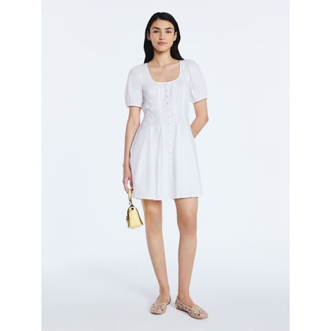 Women’s Button Front Mini Dress with Puff Sleeves, Sizes XS-XXL