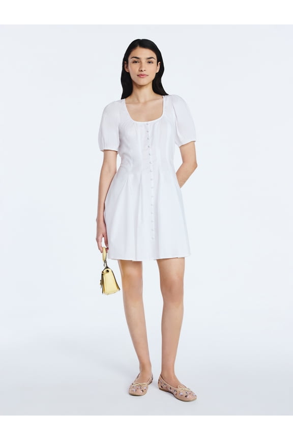 Women’s Button Front Mini Dress with Puff Sleeves, Sizes XS-XXL