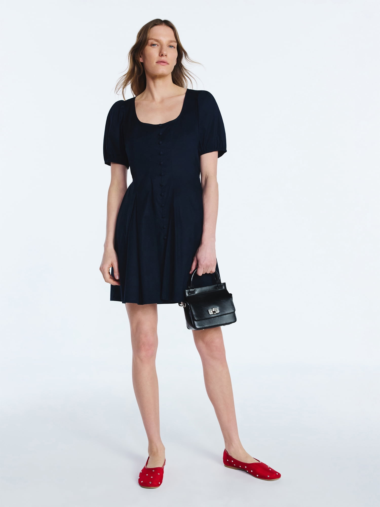 Scoop Women’s Button Front Mini Dress with Puff Sleeves, Sizes XS-XXL