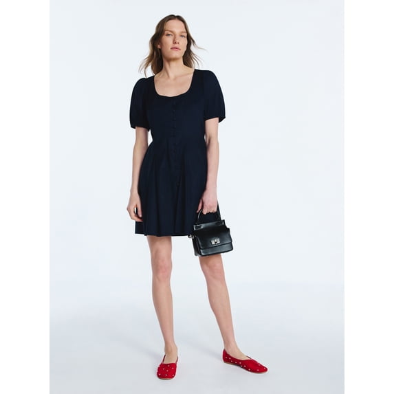 Scoop Women’s Button Front Mini Dress with Puff Sleeves, Sizes XS-XXL
