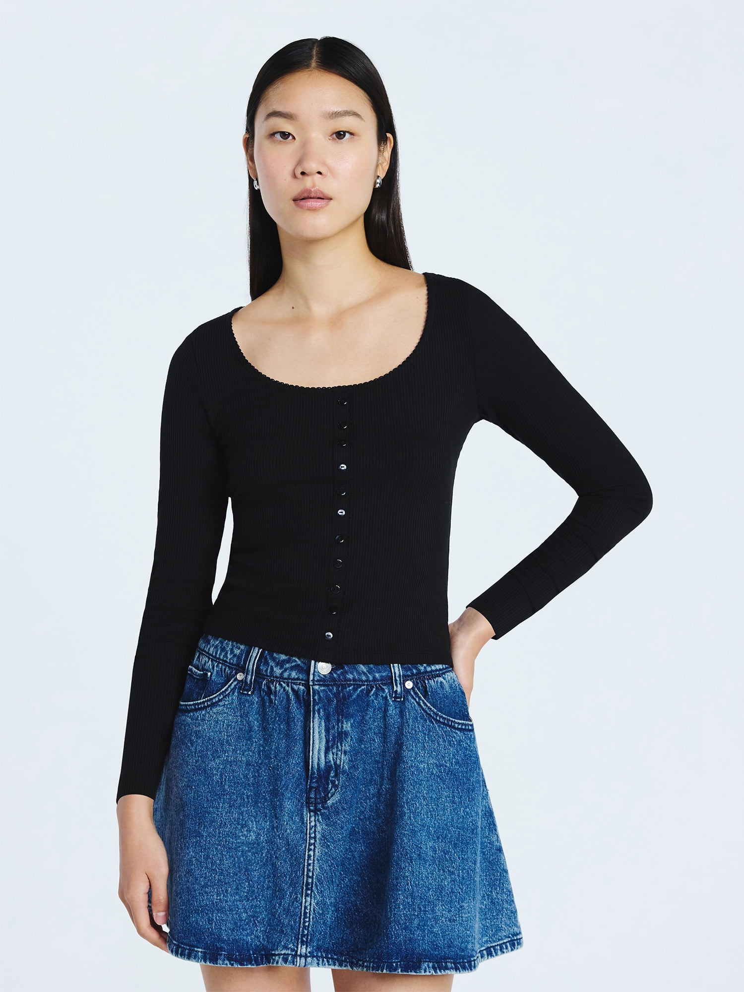 Scoop Women’s Lace Trim Scoop Neck Ribbed Tee with Long Sleeves, Sizes XS-XXL
