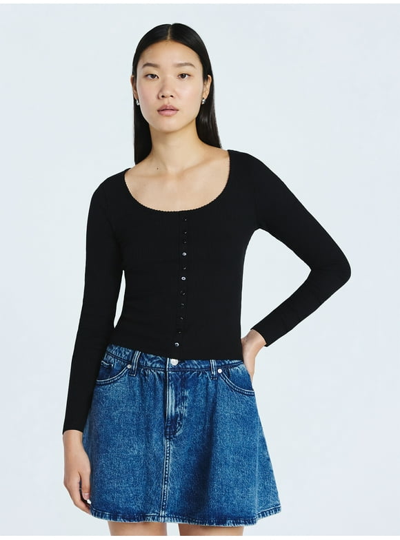 Women’s Lace Trim Scoop Neck Ribbed Tee with Long Sleeves, Sizes XS-XXL