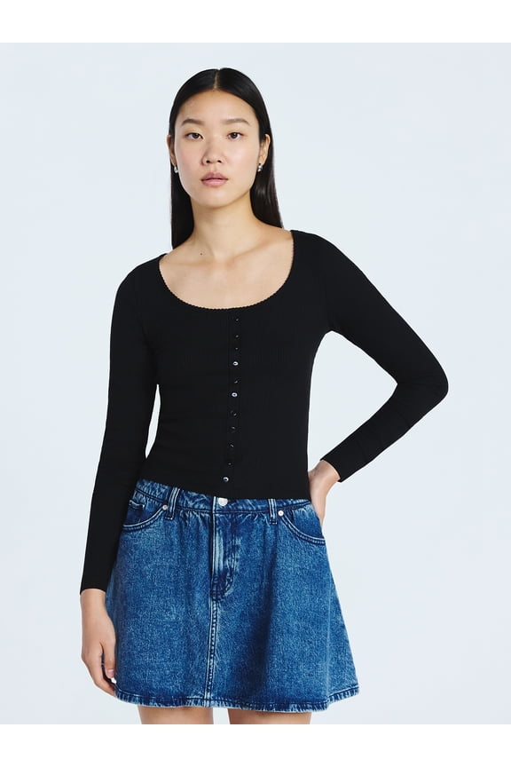 Women’s Lace Trim Scoop Neck Ribbed Tee with Long Sleeves, Sizes XS-XXL