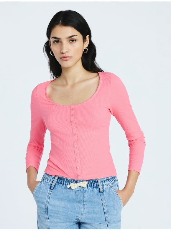 Women’s Lace Trim Scoop Neck Ribbed Tee with Long Sleeves, Sizes XS-XXL