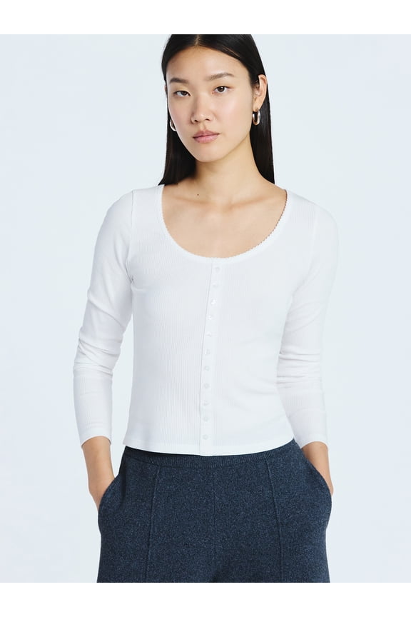 Women’s Lace Trim Scoop Neck Ribbed Tee with Long Sleeves, Sizes XS-XXL