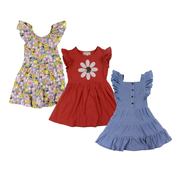 BTween 3 Piece Girls Summer Dress Set - Short Sleeve Casual Skater Dresses, Chamb, 4/5
