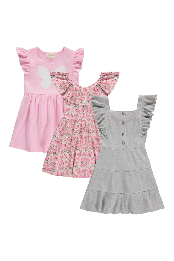 3 Piece Girls Summer Dress Set - Short Sleeve Casual Skater Dresses, Hgrey, 10/12