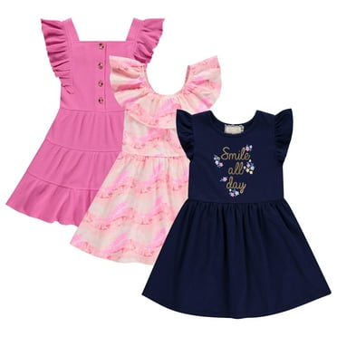 BTween 3 Piece Girls Summer Dress Set - Short Sleeve Casual Skater Dresses, Straw, 4/5
