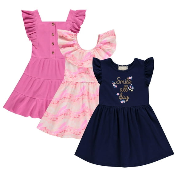BTween 3 Piece Girls Summer Dress Set - Short Sleeve Casual Skater Dresses, Straw, 6